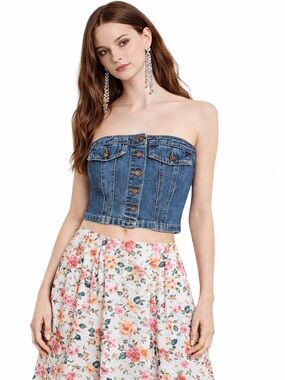 Denim Corset Top Size S Strapless Button Front Chic Stylish Spring Top